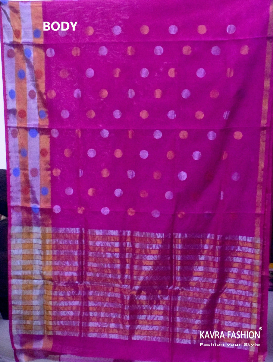 Red zari buttas Venkatagiri cotton saree with contrast thread work border, and pallu of zari stripes