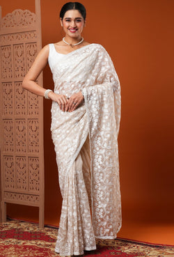Cream Organza Chikankari Embroidery Saree