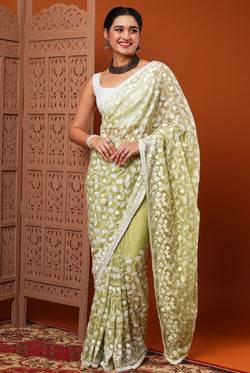 Mint Green Organza Chikankari Embroidery Saree
