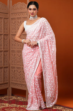 Light Pink Organza Chikankari Embroidery Saree