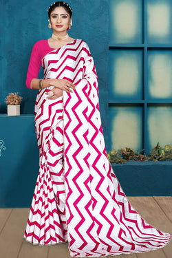 Pink and White Satin Stripes Printed Saree