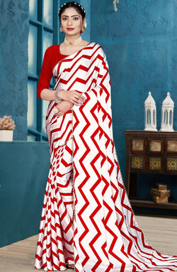 Red and White Satin Stripes Printed Saree