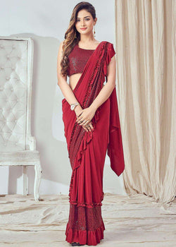 Readymade Red Lycra Sequins Embroidered Frilled Border Saree