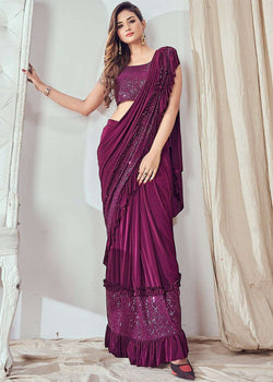 Readymade Purple Lycra Sequins Embroidered Frilled Border Saree