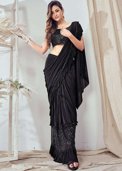 Readymade Black Lycra Sequins Embroidered Frilled Border Saree
