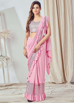 Readymade Pink Lycra Sequins Embroidered Frilled Border Saree