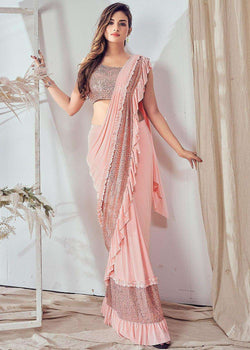 Readymade Peach Lycra Sequins Embroidered Frilled Border Saree