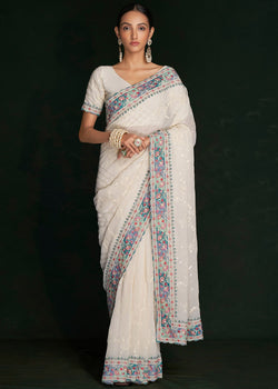 Off White Georgette Saree with Chikankari and Sequins Embellishment