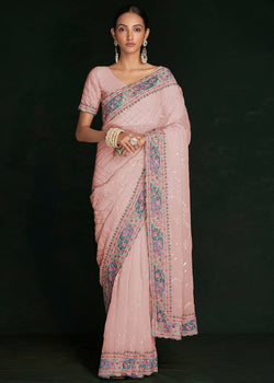 Peach Georgette Saree with Chikankari and Sequins Embellishment