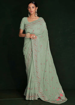 Green Georgette Chikankari Saree with Embroidered Border
