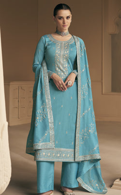 Turquoise Blue Premium Silk Embroidered Salwar Suit