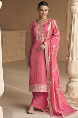 Flamingo Pink Premium Silk Embroidered Salwar Suit