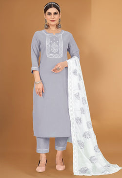 Grey Embroidered Cotton Kurti Pant with Dupatta