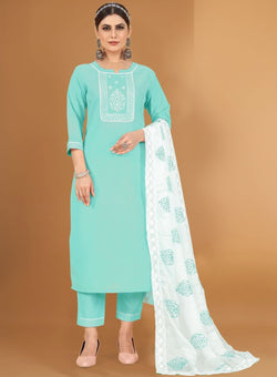 Turquoise Embroidered Cotton Kurti Pant with Dupatta