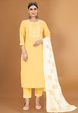 Yellow Embroidered Cotton Kurti Pant with Dupatta