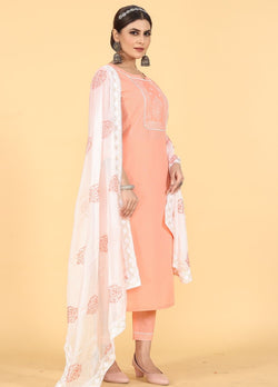 Peach Embroidered Cotton Kurti Pant with Dupatta