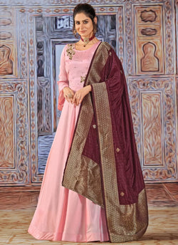 Light Pink Embroidered Anarkali Silk Gown with Dupatta
