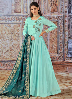 Aqua Blue Embroidered Anarkali Silk Gown with Dupatta