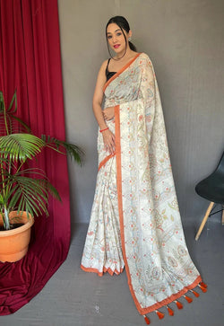 White & Orange Malai Cotton With Katha Printed Saree