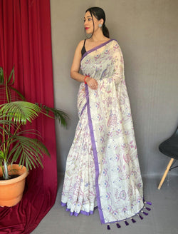 White & Purple Malai Cotton With Katha Printed Saree
