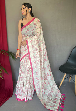 White & Pink Malai Cotton With Katha Printed Saree
