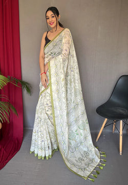 White & Green Malai Cotton With Katha Printed Saree