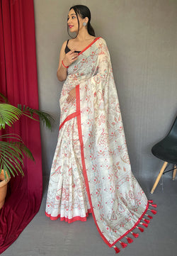 White & Red Malai Cotton With Katha Printed Saree