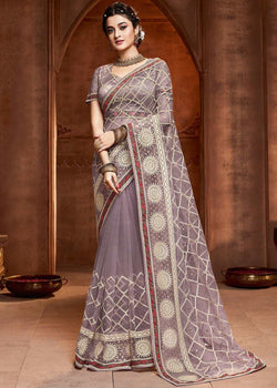 Purple Net Embroidered Wedding Saree
