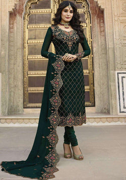 Krithika Kamra Bottle Green Satin Georgette Embroidery Designer Salwar Suit