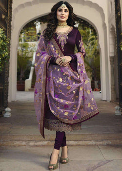 Krithika Kamra Purple Satin Georgette Embroidery Designer Salwar Suit