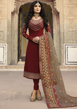 Krithika Kamra Maroon Satin Georgette Embroidery Designer Salwar Suit