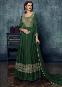 Dark Green Modal Satin Gown with Dupatta with Zari Work