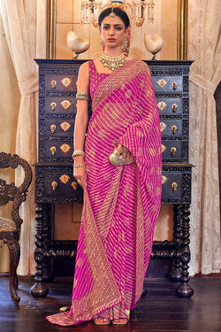 Pink Georgette Leheriya Saree with Gota Border and Foil Print