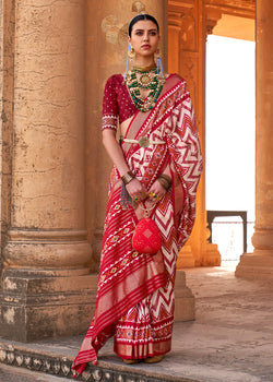 Red and White Designer Printed Silk Saree