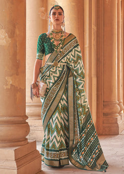Green and White Designer Printed Silk Saree