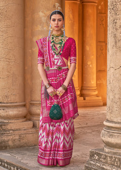 Pink and White Designer Printed Silk Saree