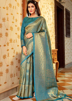 Turquoise Blue and Golden Blend Kanjivaram soft silk saree
