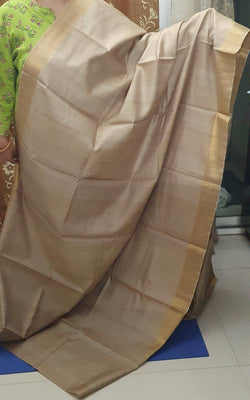 Beige Handloom Kosa Silk Saree with Golden Zari Border and Hand Woven Pallu with Floral Motifs