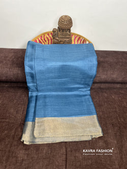Turquoise Pure Kosa Silk Saree with Golden Zari Border and Hand Woven Pallu with Floral Motifs