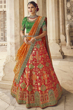 Red Traditional All Over Woven Designer Silk Lehenga with Contrast Border
