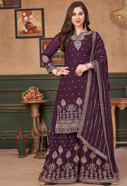 Wine Straight Cut Palazzo Salwar Suit with Dupatta