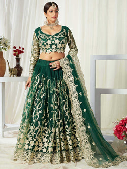 Green Net Embroidered Lehenga Choli with Cutworked Border
