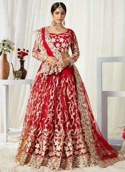 Red Net Embroidered Lehenga Choli with Cutworked Border
