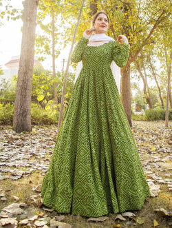 Green Bandhani Style Pure Muslin Flared Gown with Dupatta