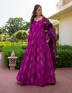 Purple Pigment Foil Work Pure Rayon Flared Gown with Dupatta