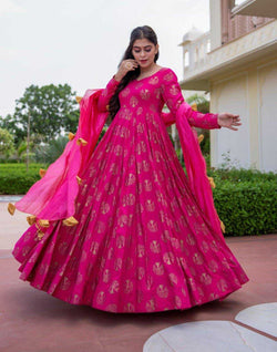 Pink Pigment Foil Work Pure Rayon Flared Gown with Dupatta