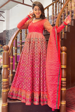 Pink Chanderi Patola Printed Gown with Dupatta