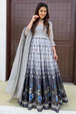 Grey Chanderi Patola Printed Gown with Dupatta