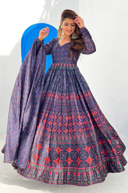 Blue Chanderi Patola Printed Gown with Dupatta