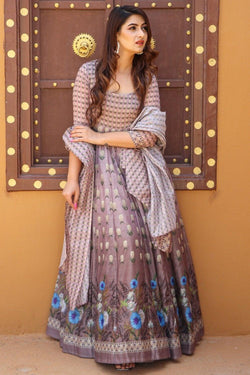 Pink and Brown Chanderi Patola Printed Gown with Dupatta